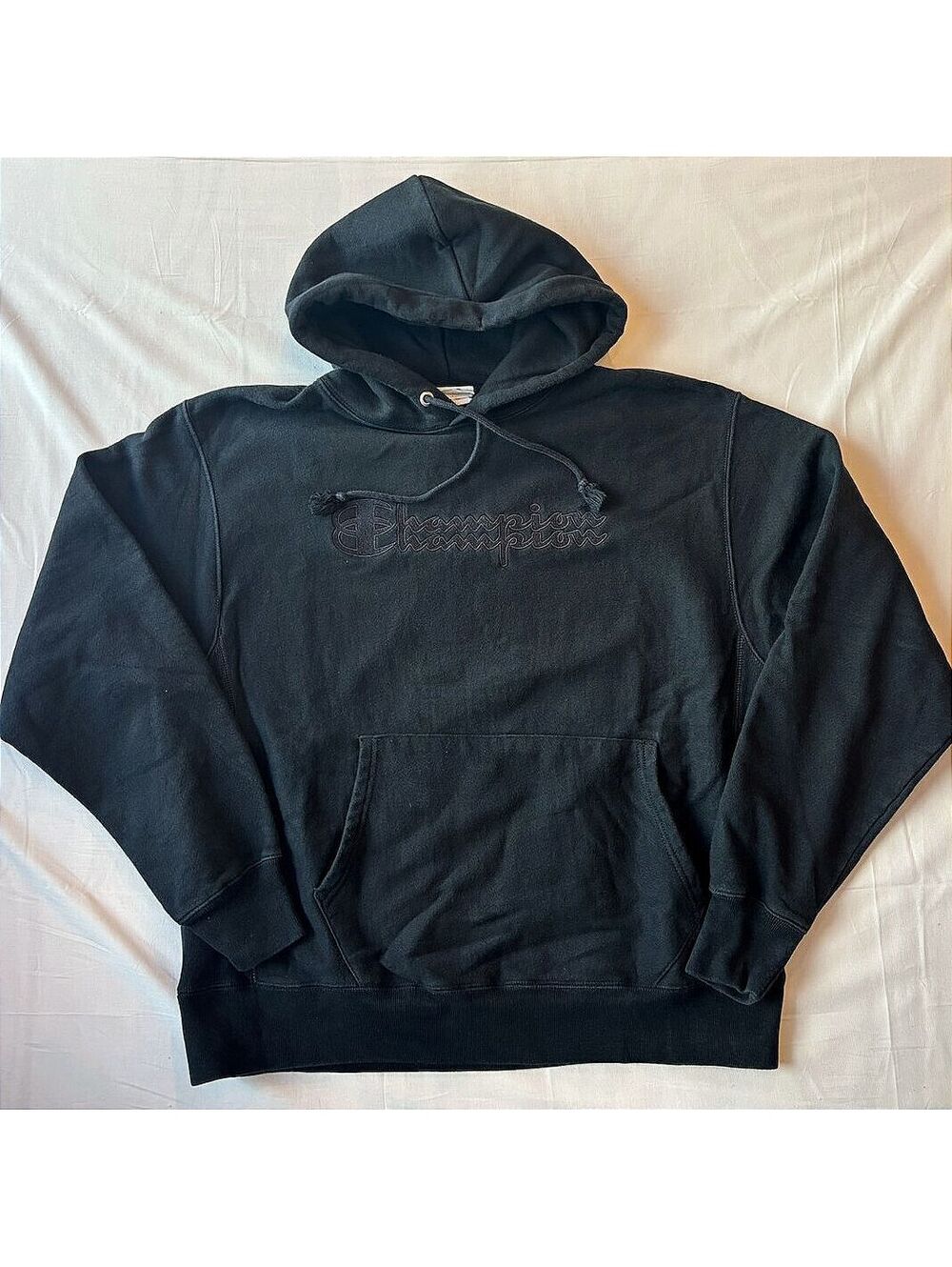 VTG 90s Champion Reverse Weave Hoodie Black Embroidered Script Logo Large